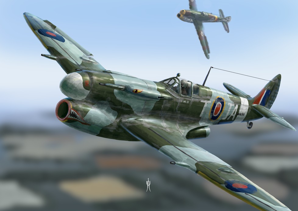 Alternative-history RAF Spitfire jet fighter with Gloster Meteor turbojet engines and a radar nose, concept art by Tuji Art.