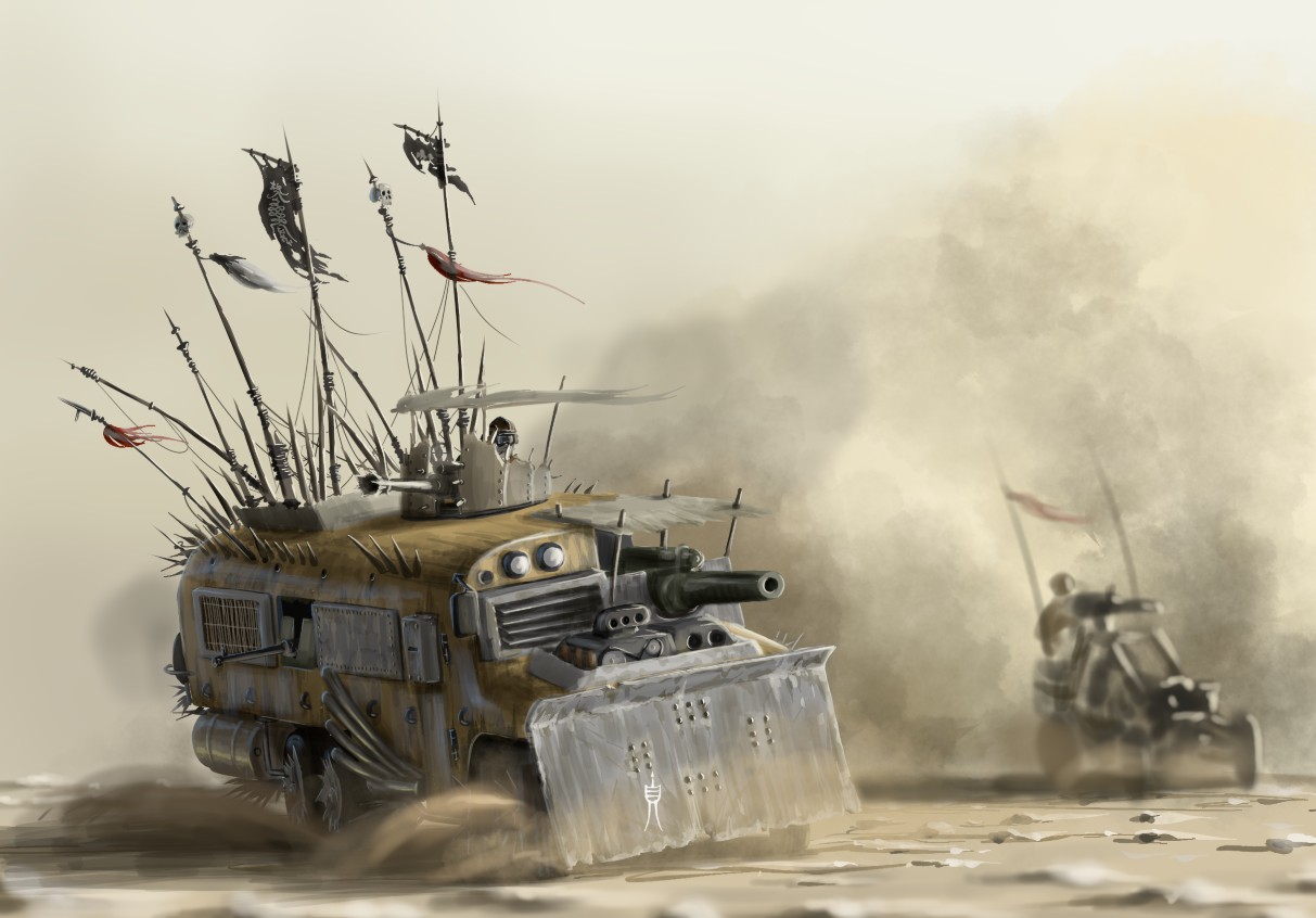 Post-apocalyptic armored battle bus; Mad Max and Crossout inspired wasteland vehicle with spiked plating, turret mounts, and heavy guns.