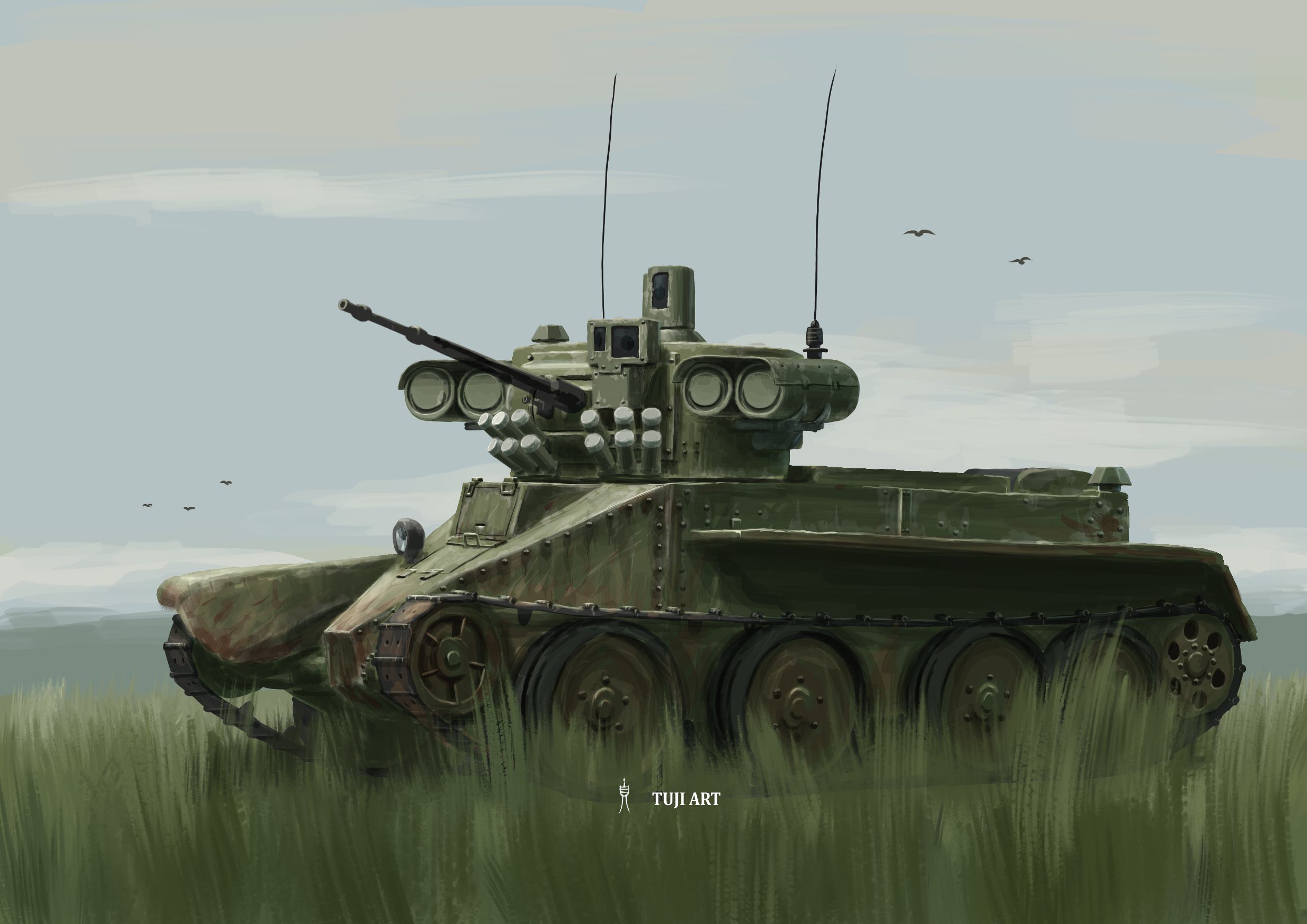 Modernised BT-5M Obr. 2018 light tank concept with autocannon, missile pods, smoke launchers, optics and radio antennas.