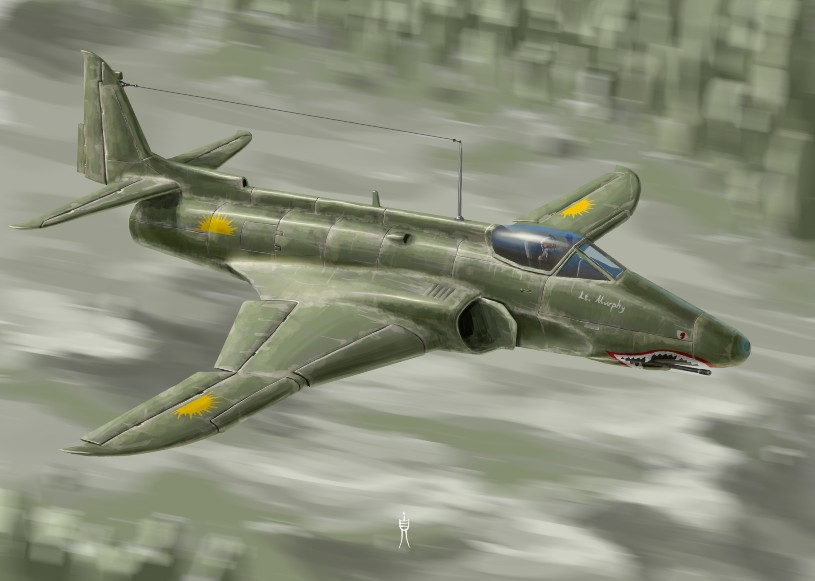 Dieselpunk P-80 Shooting Star jet fighter concept art; commissioned fine art of retro-futuristic combat aircraft.