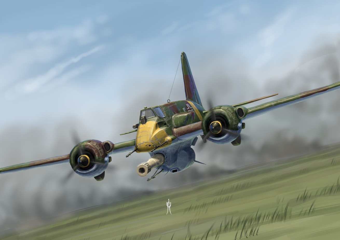 Fictional Henschel Hs 129 Panzerknacker attack aircraft with a PaK 44 anti-tank gun, concept art by Tuji Art.