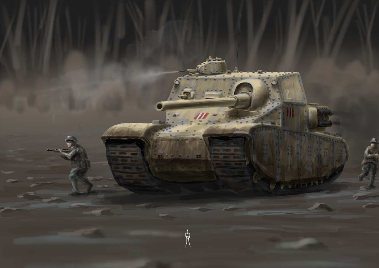 Italian L3/33 CC Tankette redesigned as a superheavy assault tank, advancing beside infantry with wide tracks and an oversized gun.