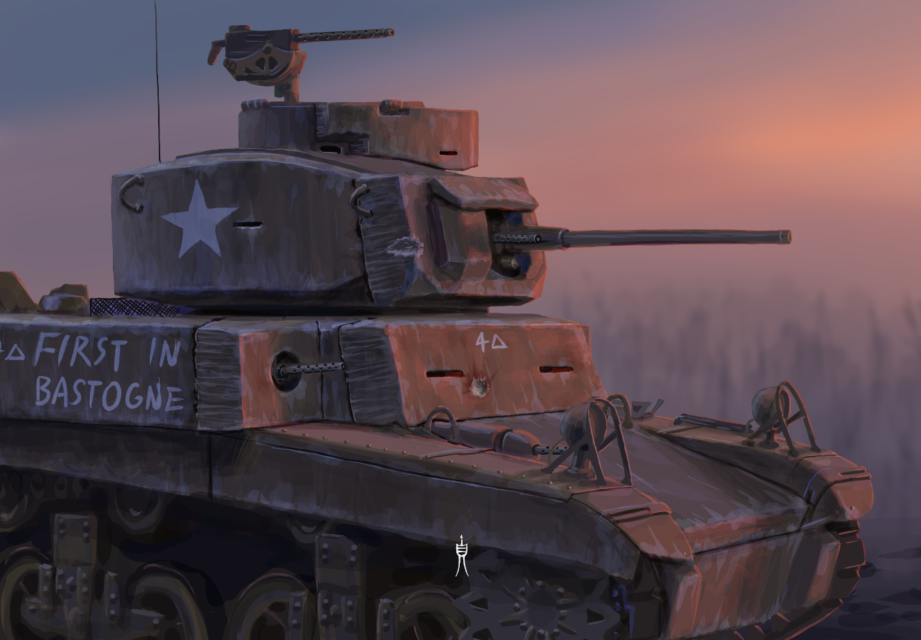 Fictional American M3A3E2 Jumbo Stuart assault tank with enlarged turret, additional armour and multiple machine guns.