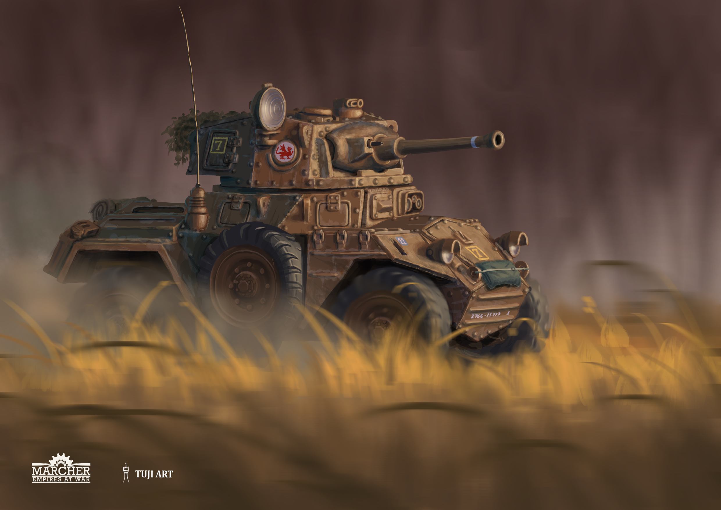 Bedivere MkII armoured car driving through tall grass in official Marcher: Empires at War artwork by Tuji Art.