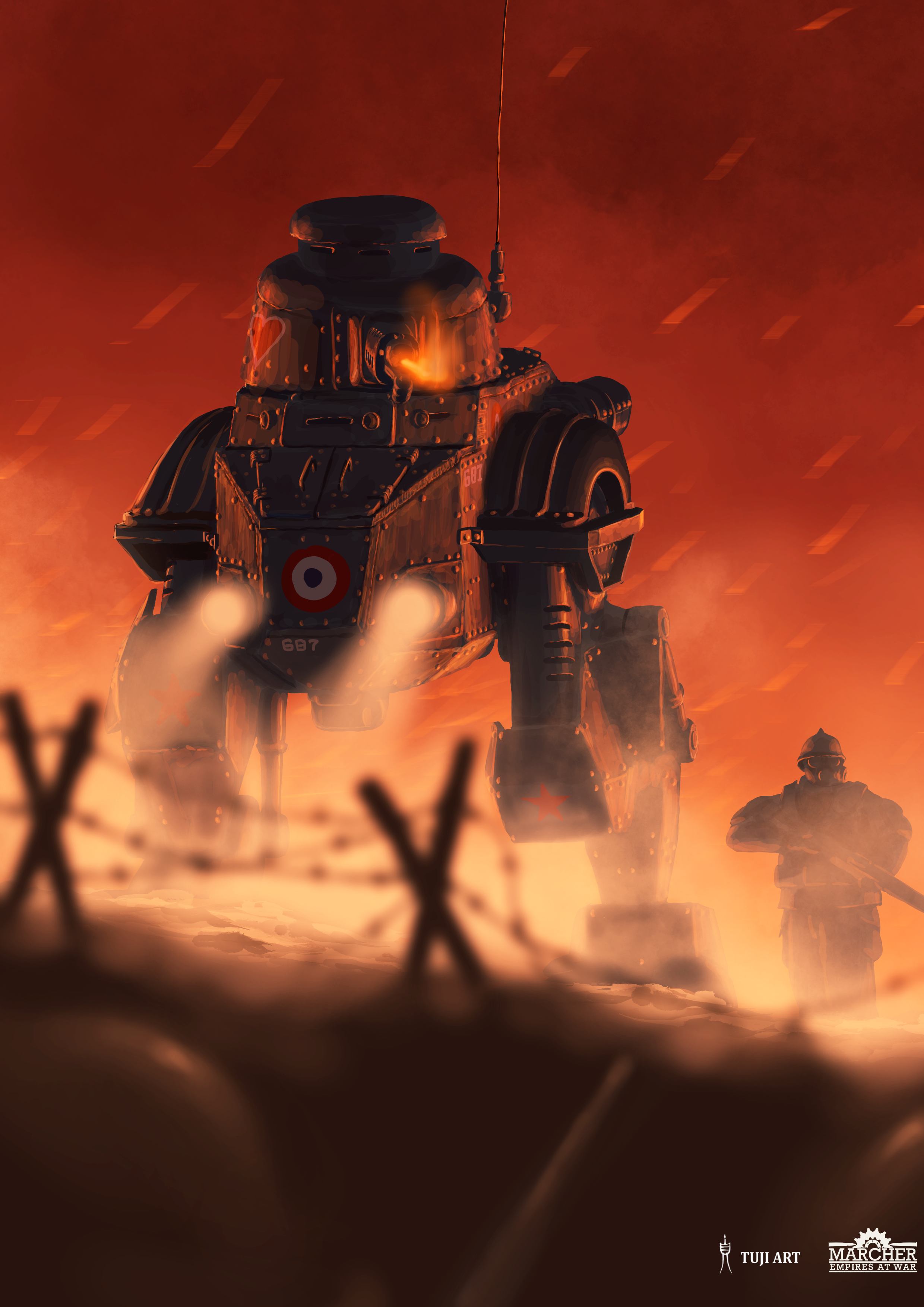 New French Republic Danton Chasseur de Char battle walker advancing through a burning battlefield in official Marcher: Empires at War art by Tuji Art.
