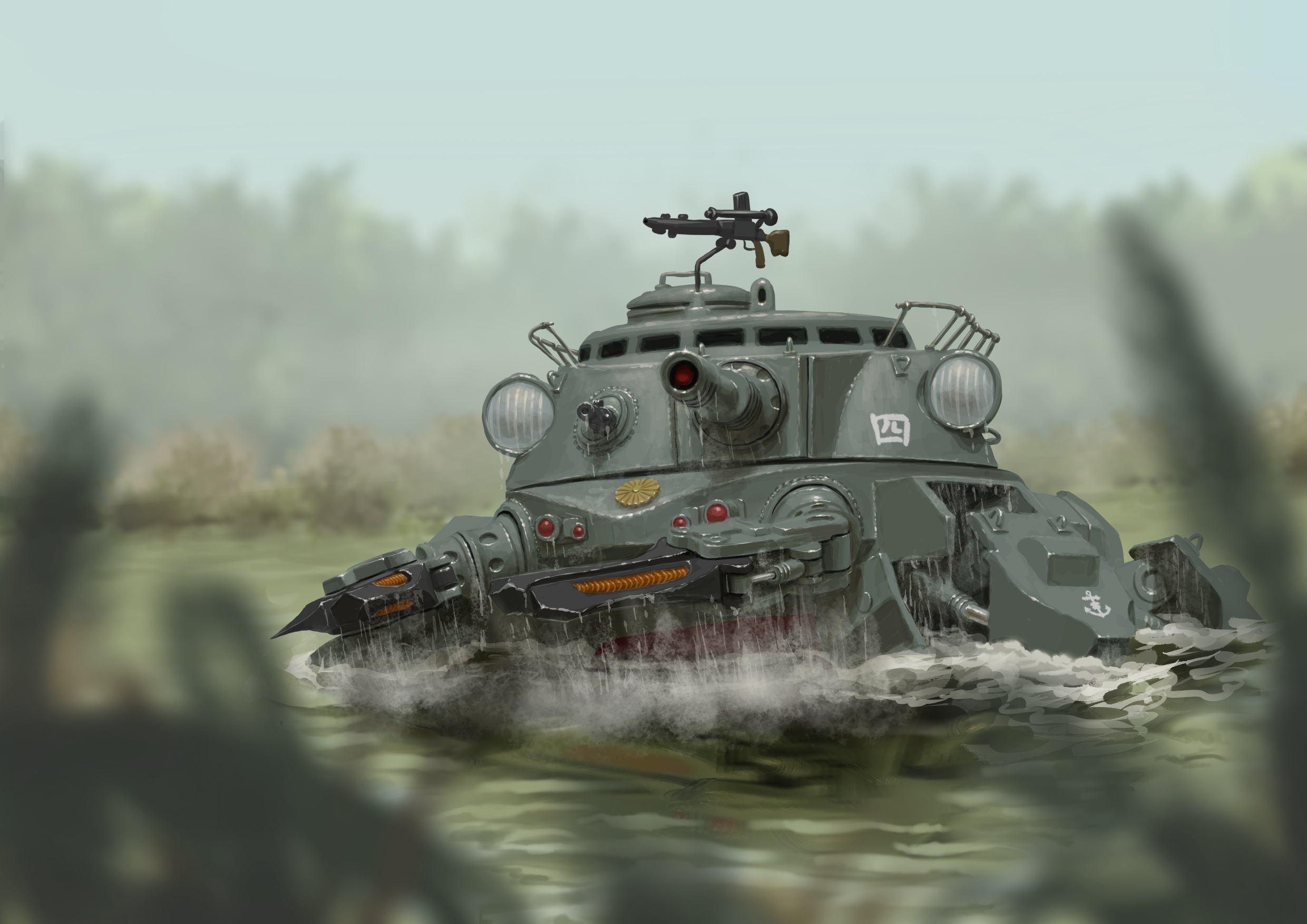 Type 97 Heike amphibious assault gun powering through water in official Marcher: Empires at War artwork by Tuji Art.