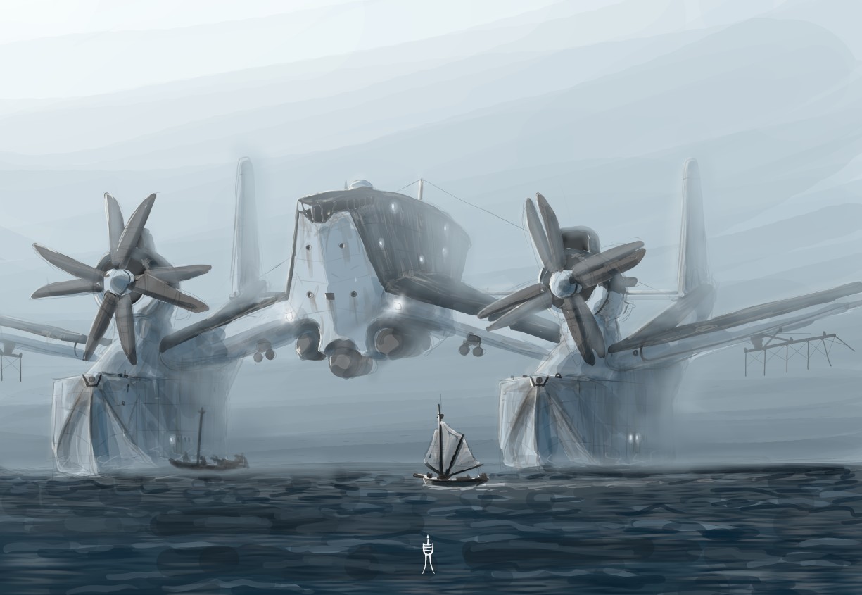 Leviathan Hunter flying boat concept art representing the Original Vehicular Concepts collection by Tuji Art.