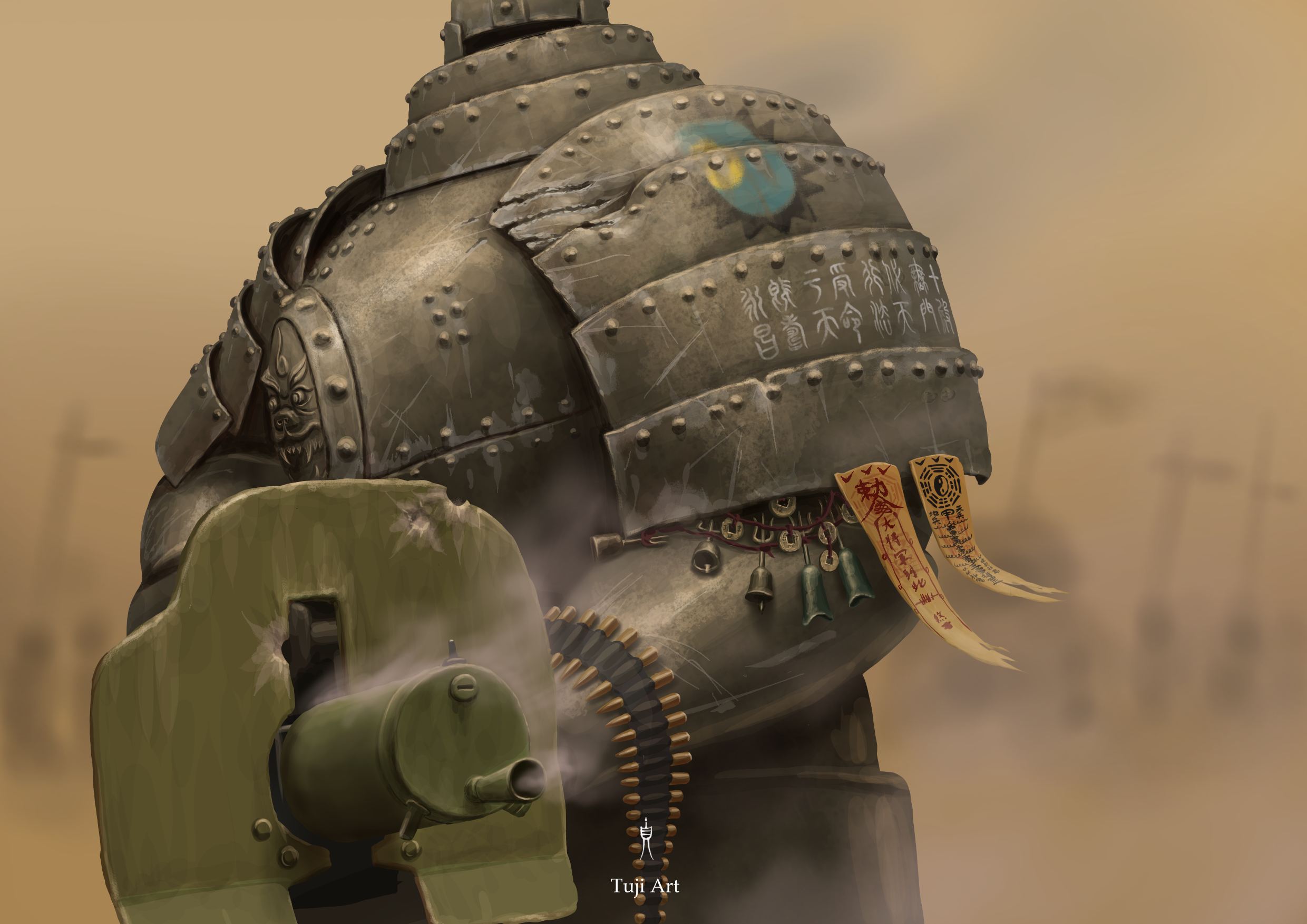 Imperial Chinese mechanised infantry armour concept art representing a Trench Crusade Fan Art collection by Tuji Art.