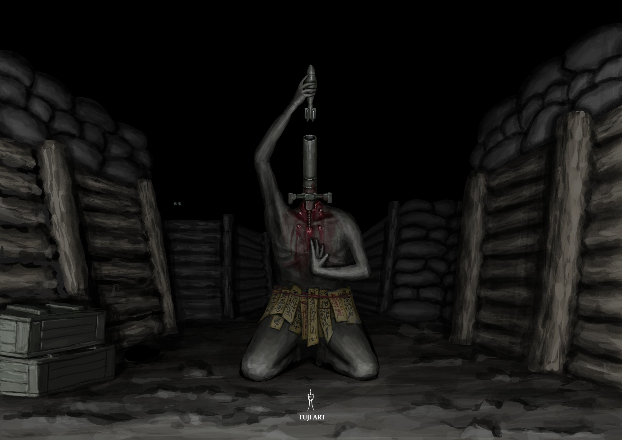 Supernatural Zhongkui Battalion mortarman loading a shell into a body-mounted mortar in a dark trench, Trench Crusade fan art.