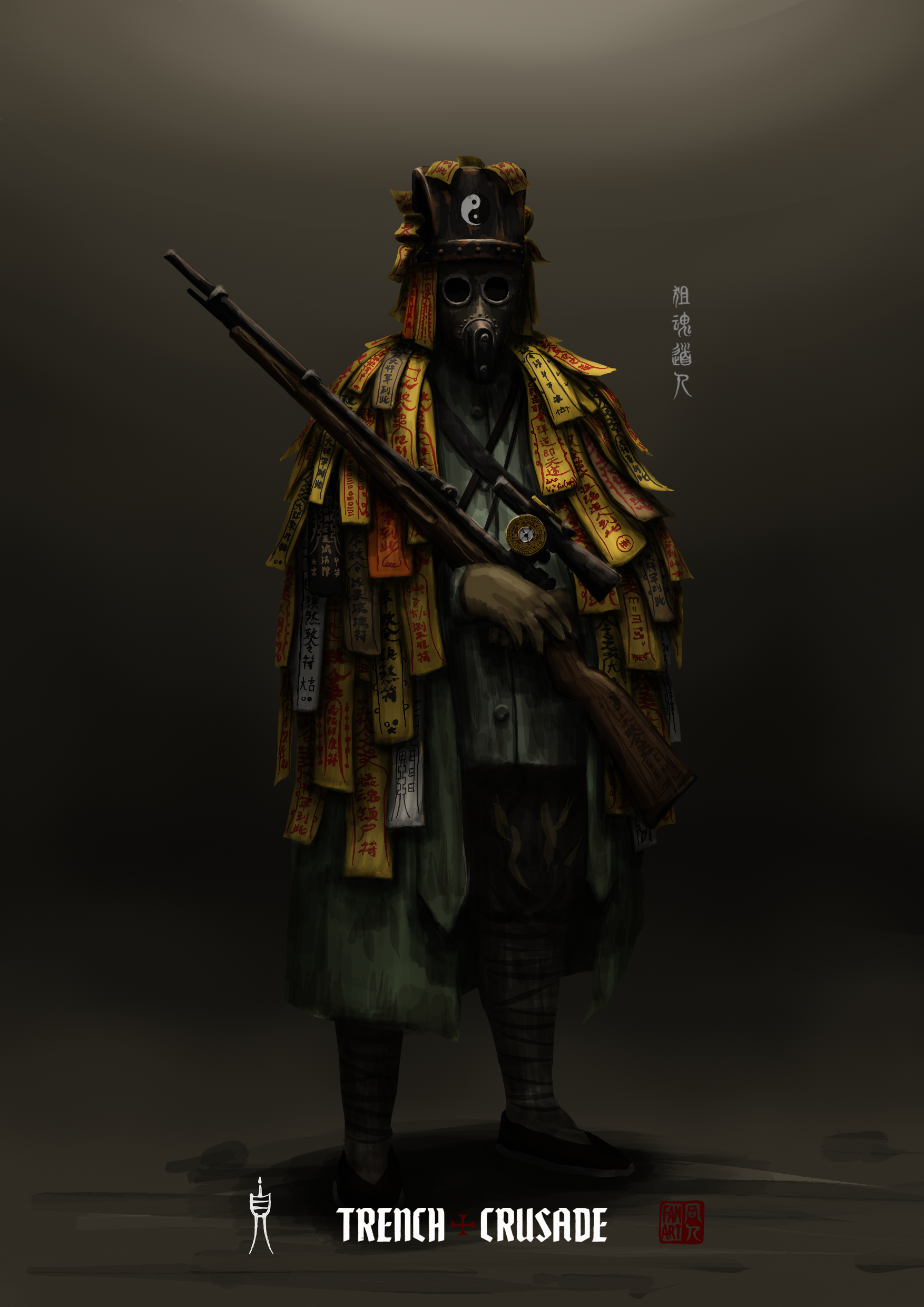 Masked sniper Daoist wearing layered paper talismans and carrying a long rifle in Trench Crusade fan art by Tuji Art.