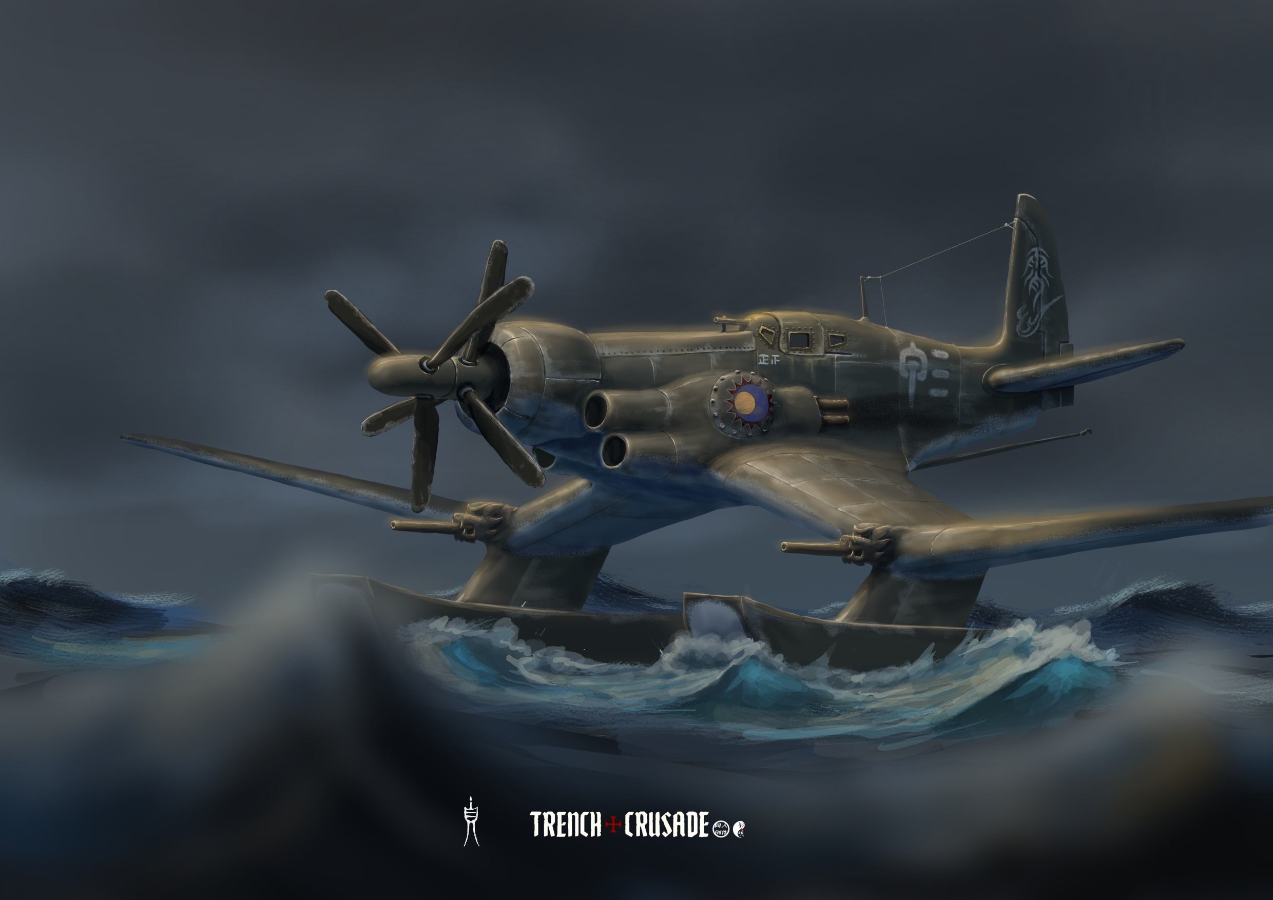 Ming Empire naval fighter with contra-rotating propellers, floats and wing guns flying over rough water, Trench Crusade fan art.